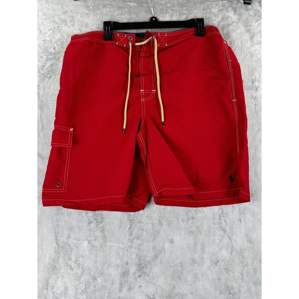 Polo Ralph Lauren Mens Swim Trunks M Red Nylon Solid Regular Lined Mesh Cargo